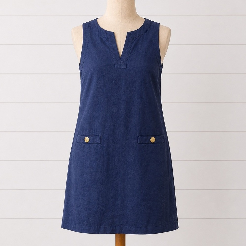 Vineyard Vines Gold Button Shift Mini Dress Navy Blue Cotton Linen Preppy Small
